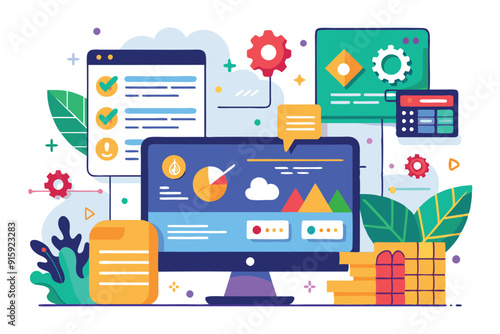 A vibrant workspace with a computer displaying colorful charts and code snippets alongside productivity tools and leafy plants, fostering innovation and creativity