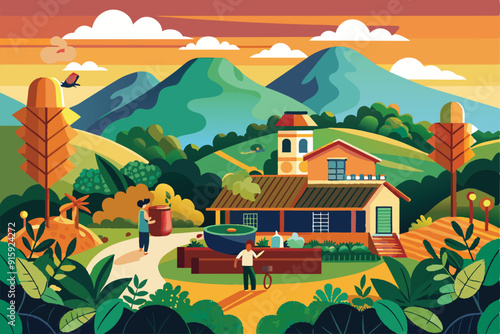 Workers gather coffee beans near a farm surrounded by lush hills and vibrant landscapes during a stunning sunset
