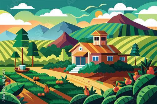 A picturesque coffee farm with vibrant fields, a cozy house, towering trees, and mountains during a beautiful sunset