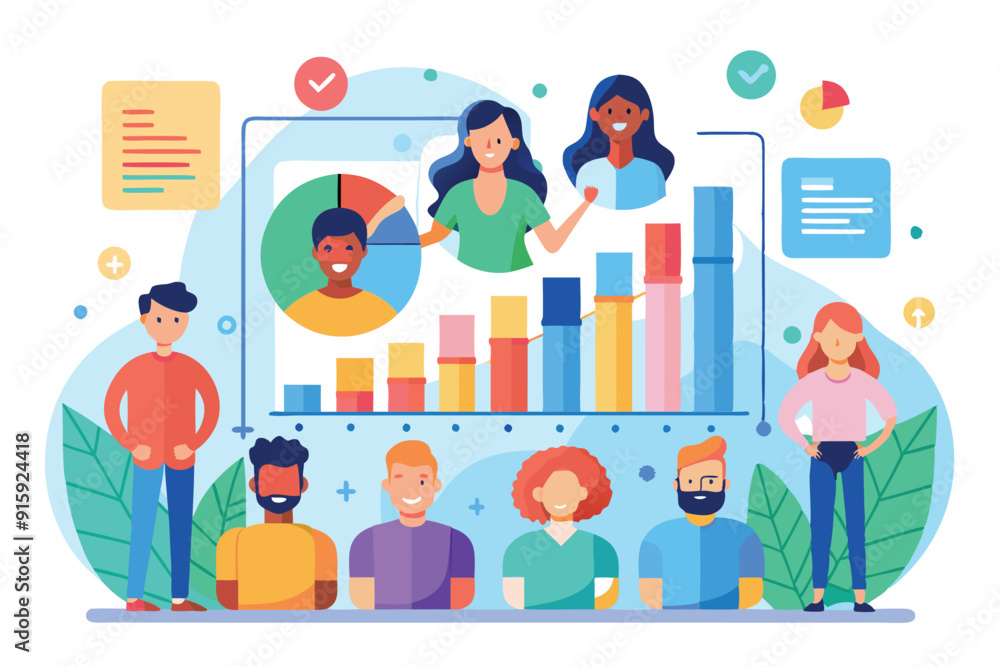 A group of diverse individuals analyzes cohort data, with graphs and charts illustrating findings in a collaborative environment A group of diverse individuals analyzes cohort data, with graphs and charts illustrating findings in a collaborative environment