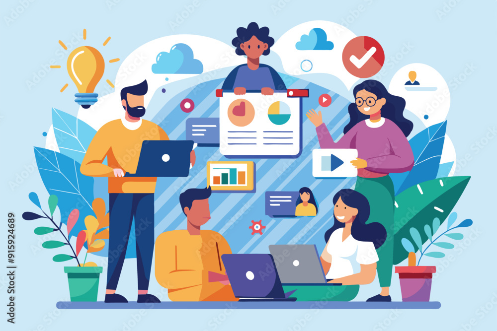 Fototapeta premium A diverse team collaborates in an office, analyzing data on laptops and discussing strategies, surrounded by plants and colorful graphics