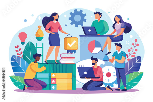 A diverse group of professionals collaborate creatively, utilizing laptops and resources in a modern workspace filled with plants and tools