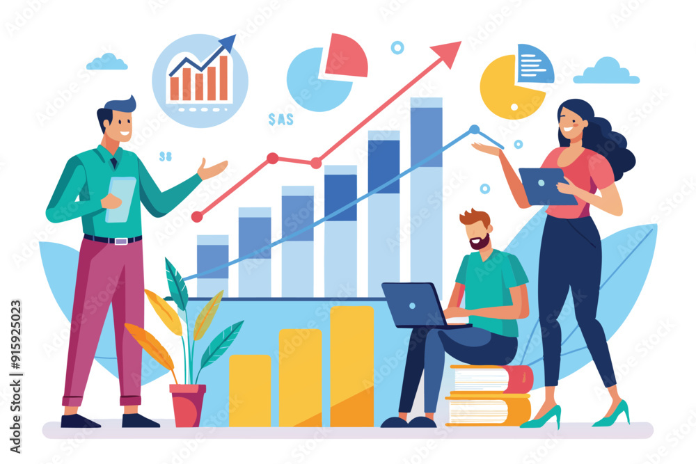 Two colleagues analyze growth charts while discussing strategies, with a laptop and digital devices in a well-designed office environment