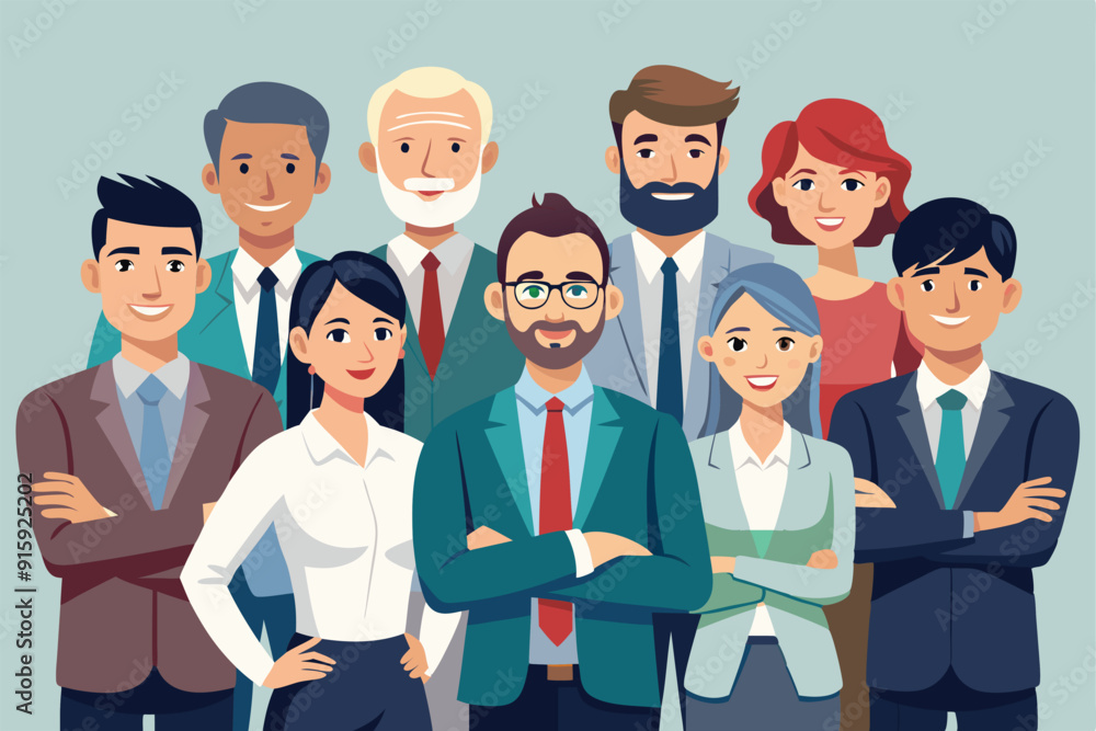 A diverse group of business professionals confidently poses together, showcasing teamwork and collaboration in a contemporary office setting