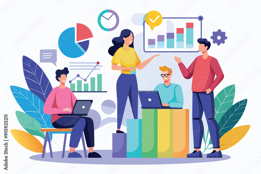 Team members collaborate on growth analysis, sharing insights and data visualizations while fostering a productive discussion in a lively environment