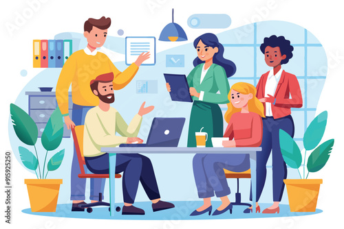 Team members engage in a constructive discussion about their project in a modern office setting, emphasizing collaboration and idea sharing