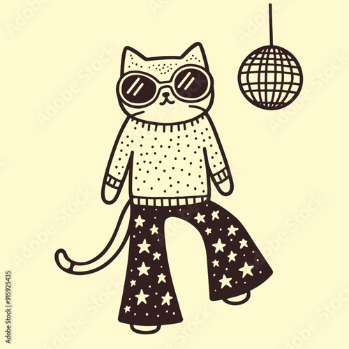 funny cat wearing star pattern pants and sunglasses, dancing with a disco ball retro sketch