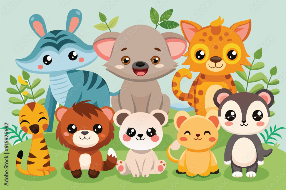 A delightful assortment of adorable baby animals gathered in a vibrant forest, each showcasing unique features while playfully interacting A delightful assortment of adorable baby animals gathered in a vibrant forest, each showcasing unique features while playfully interacting