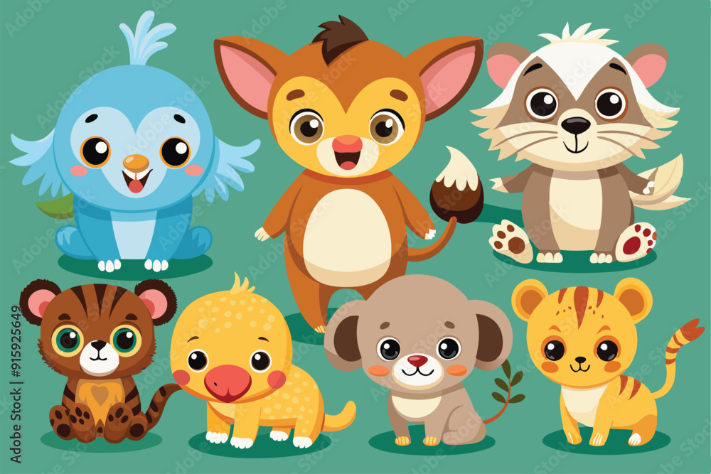 A delightful assortment of baby animals joyfully interacting in a lively green environment, showcasing their playful nature and charm A delightful assortment of baby animals joyfully interacting in a lively green environment, showcasing their playful nature and charm