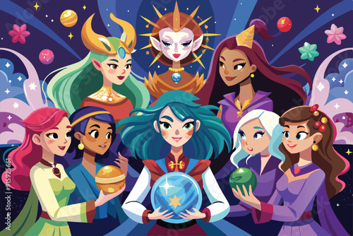 A group of female characters uses mystical orbs to predict the future in a magical celestial environment filled with vibrant colors