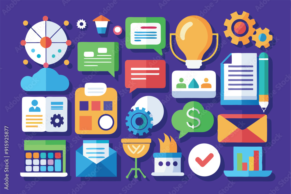 A diverse collection of vibrant icons representing themes of business, communication, and technology, ideal for enhancing website design