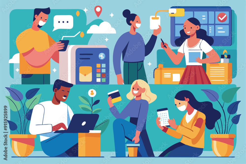 Individuals are using cards for contactless payments in diverse locations while interacting with digital devices Individuals are using cards for contactless payments in diverse locations while interacting with digital devices