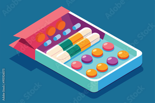 A vibrant assortment of pills and capsules neatly arranged in an open package against a bright blue backdrop