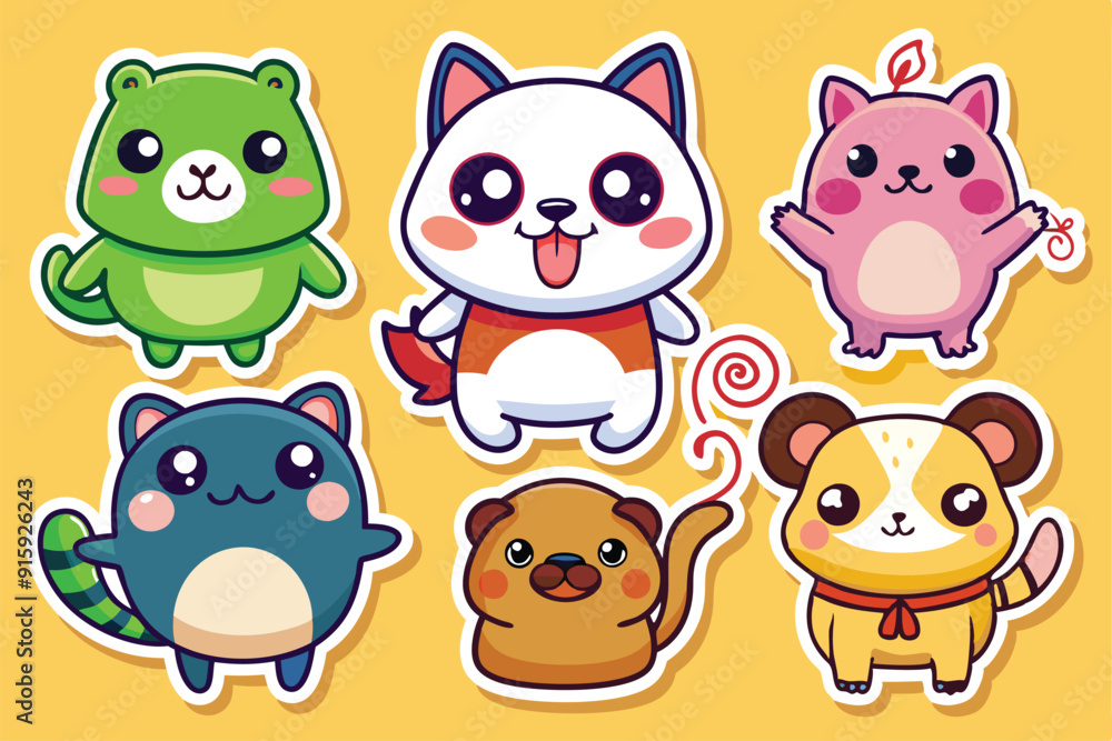 A vibrant assortment of adorable animal-themed stickers, showcasing a frog, pig, cat, dog, and more against a cheerful yellow backdrop A vibrant assortment of adorable animal-themed stickers, showcasing a frog, pig, cat, dog, and more against a cheerful yellow backdrop