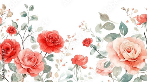 Watercolor painting of pink and red roses with green leaves on white background.