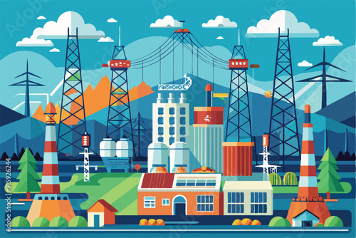 A vibrant array of electricity production stations set against scenic mountains, showcasing generators, towers, and various facilities during daytime