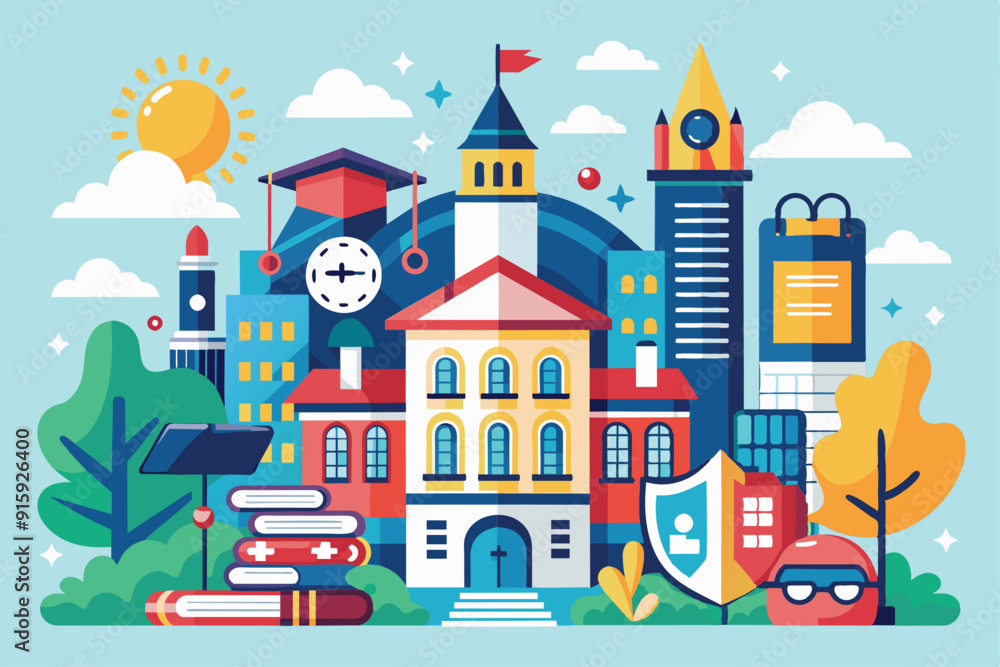Fototapeta premium A vibrant illustration showcases a college campus featuring iconic buildings, books, and elements of academic life surrounded by trees and sunlight