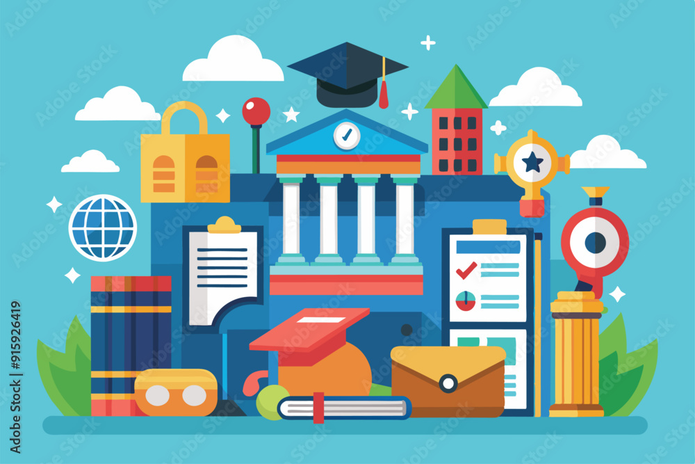 A colorful flat illustration depicting various college admission elements including a graduation cap, secure lock, books, and documents against a blue backdrop A colorful flat illustration depicting various college admission elements including a graduation cap, secure lock, books, and documents against a blue backdrop