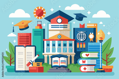 This visual displays various elements of college admissions, showcasing a university building, books, graduation caps, and academic tools in a vibrant setting