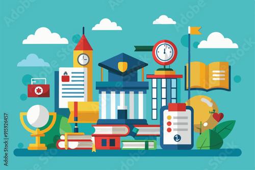 A colorful illustration showcasing various educational symbols, including books, a university building, and items representing college admissions