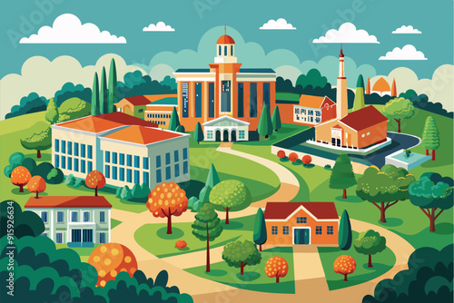 A colorful illustration showcases a college campus filled with diverse architectural styles and vibrant trees on a bright sunny day