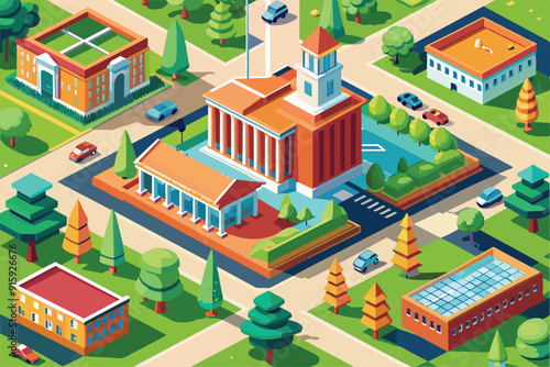 A lively college campus features buildings, trees, cars, and pathways, showcasing an inviting atmosphere for students and visitors on a bright day