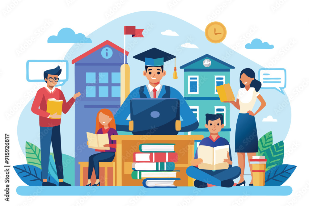 Students collaborate in a lively college classroom, surrounded by books and educational materials, while a graduate proudly engages with peers Students collaborate in a lively college classroom, surrounded by books and educational materials, while a graduate proudly engages with peers