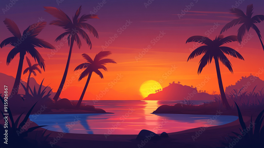 Cartoon simple tropical island background at dusk Cartoon simple tropical island background at dusk