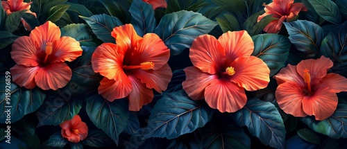 Wallpaper Mural Tropical Flowers: Vibrant Red Hibiscus and Greenery Torontodigital.ca