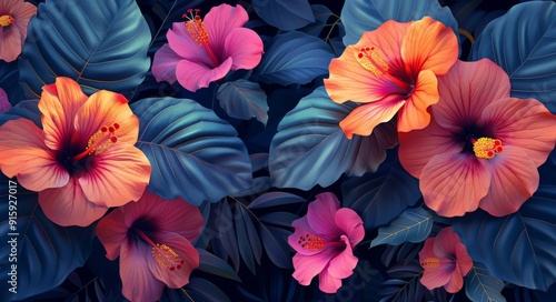 Wallpaper Mural Vibrant Pink and Orange Flowers on a Blue Background Torontodigital.ca