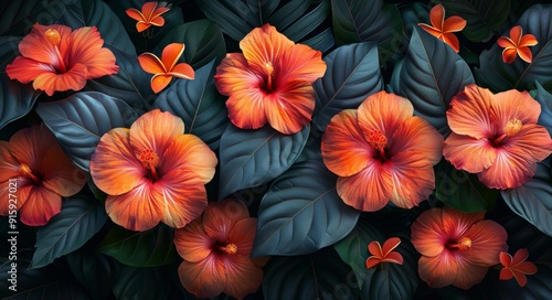 Wallpaper Mural Vibrant Orange Flowers with Lush Green Leaves Torontodigital.ca