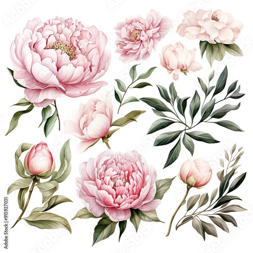 Pink peonies and green leaves watercolor illustration.