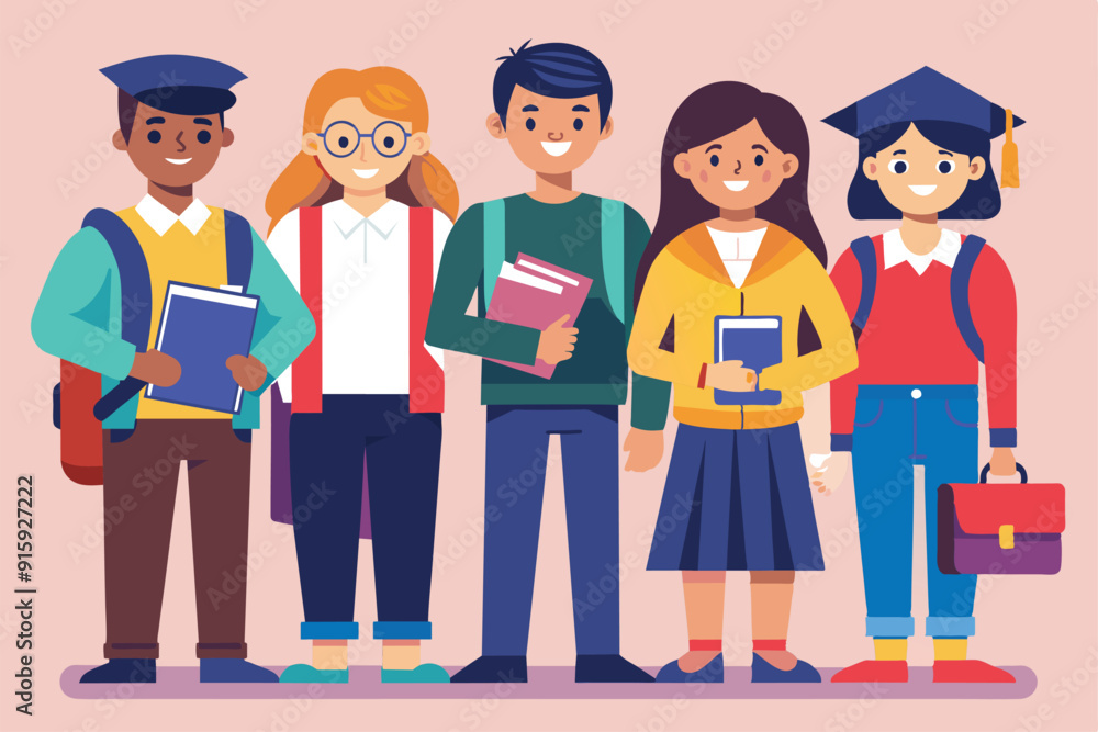 A group of diverse college students stands together smiling, holding books and materials, showcasing a vibrant campus atmosphere A group of diverse college students stands together smiling, holding books and materials, showcasing a vibrant campus atmosphere