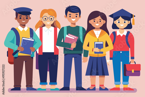 A group of diverse college students stands together smiling, holding books and materials, showcasing a vibrant campus atmosphere