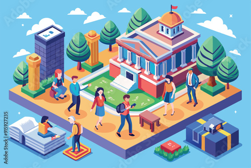 College students interact and participate in various activities on campus, showcasing a vibrant environment filled with trees and architecture