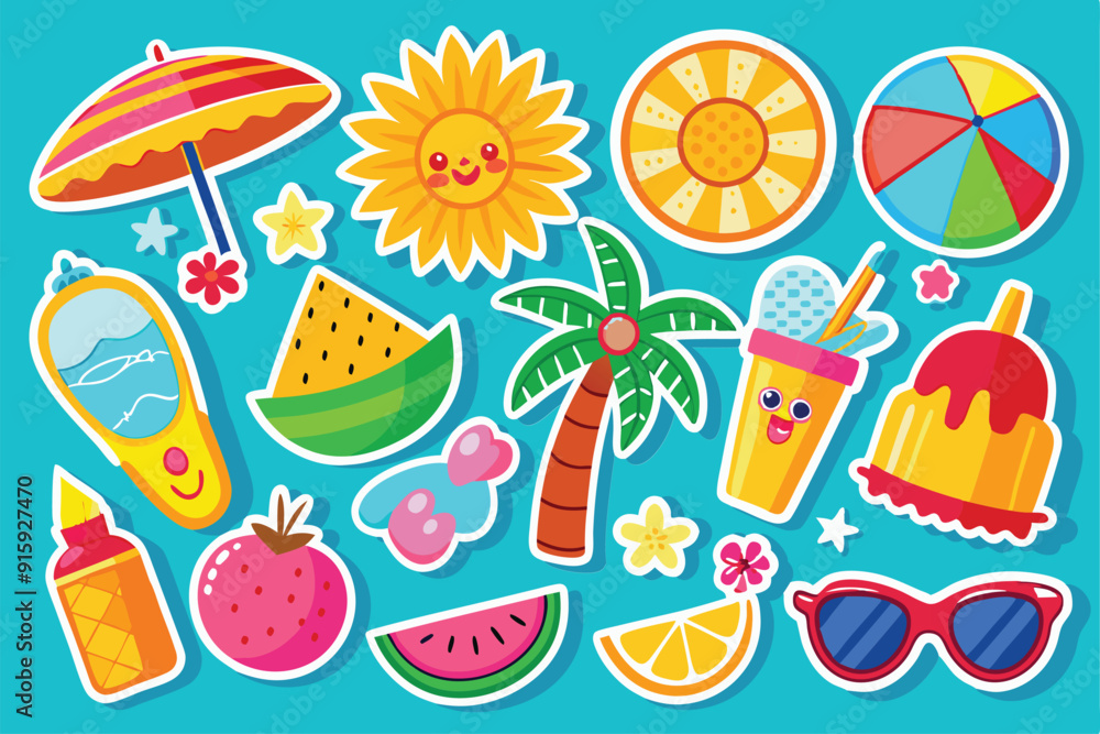 A colorful collection of summer-themed stickers showcases sunshine, fruit, drinks, and beach accessories perfect for fun seasonal activities A colorful collection of summer-themed stickers showcases sunshine, fruit, drinks, and beach accessories perfect for fun seasonal activities
