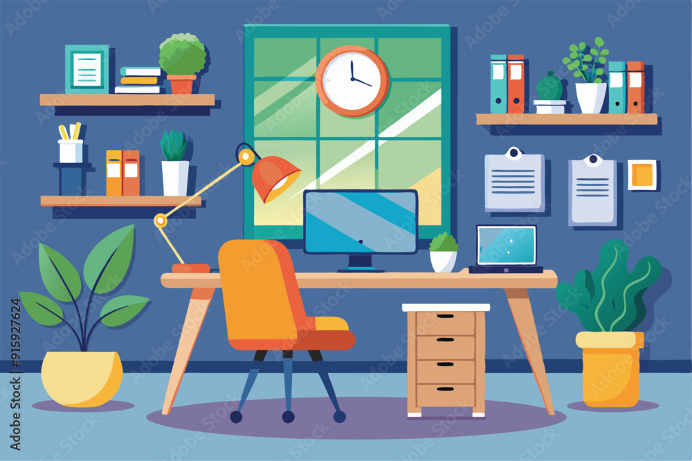 A cozy workspace is designed with a large window, comfortable chair, modern desk, and decorative plants, creating an inviting atmosphere for productivity A cozy workspace is designed with a large window, comfortable chair, modern desk, and decorative plants, creating an inviting atmosphere for productivity