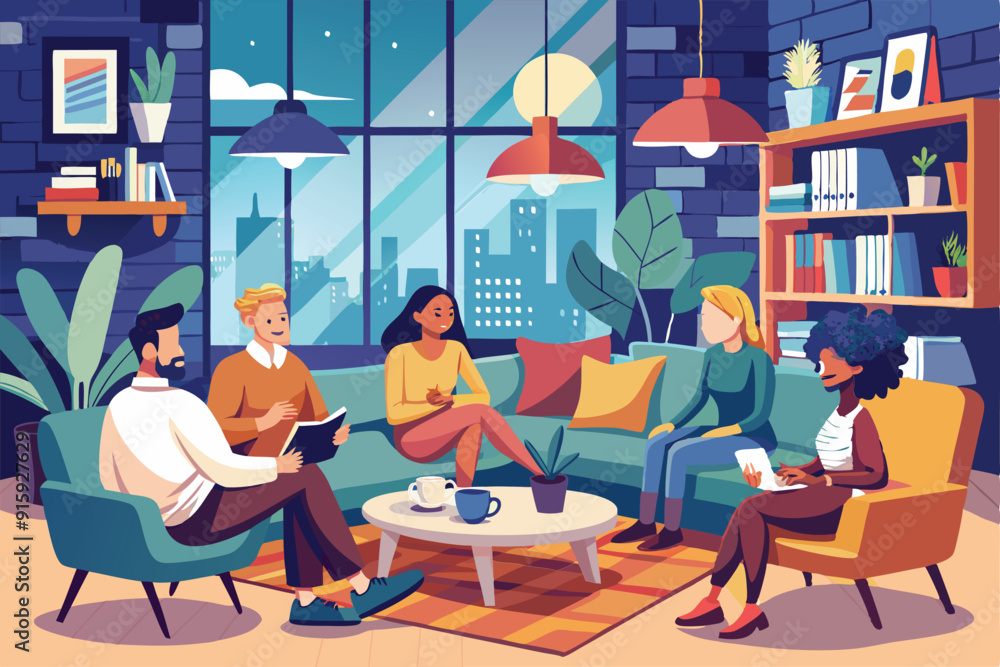 Friends engage in a warm conversation while relaxing in a stylish apartment, surrounded by plants and city views, during the evening hours Friends engage in a warm conversation while relaxing in a stylish apartment, surrounded by plants and city views, during the evening hours
