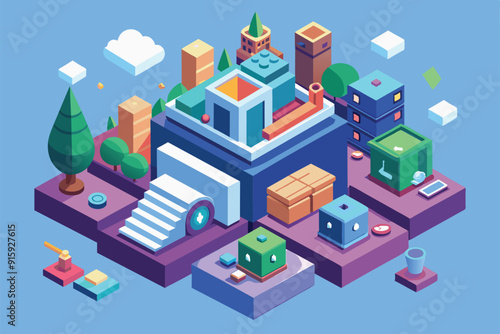 A colorful isometric illustration features various structures and elements tailored for a customizable combo offer in a digital environment