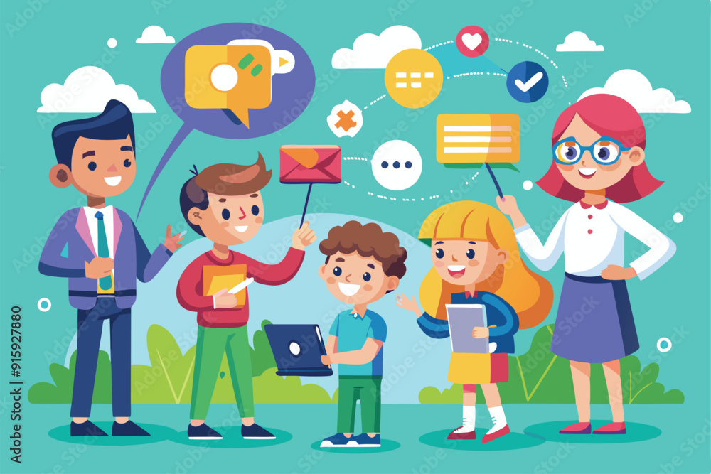 A group of cartoon characters happily interact with each other, sharing messages, using devices, and enjoying a vibrant outdoor setting A group of cartoon characters happily interact with each other, sharing messages, using devices, and enjoying a vibrant outdoor setting