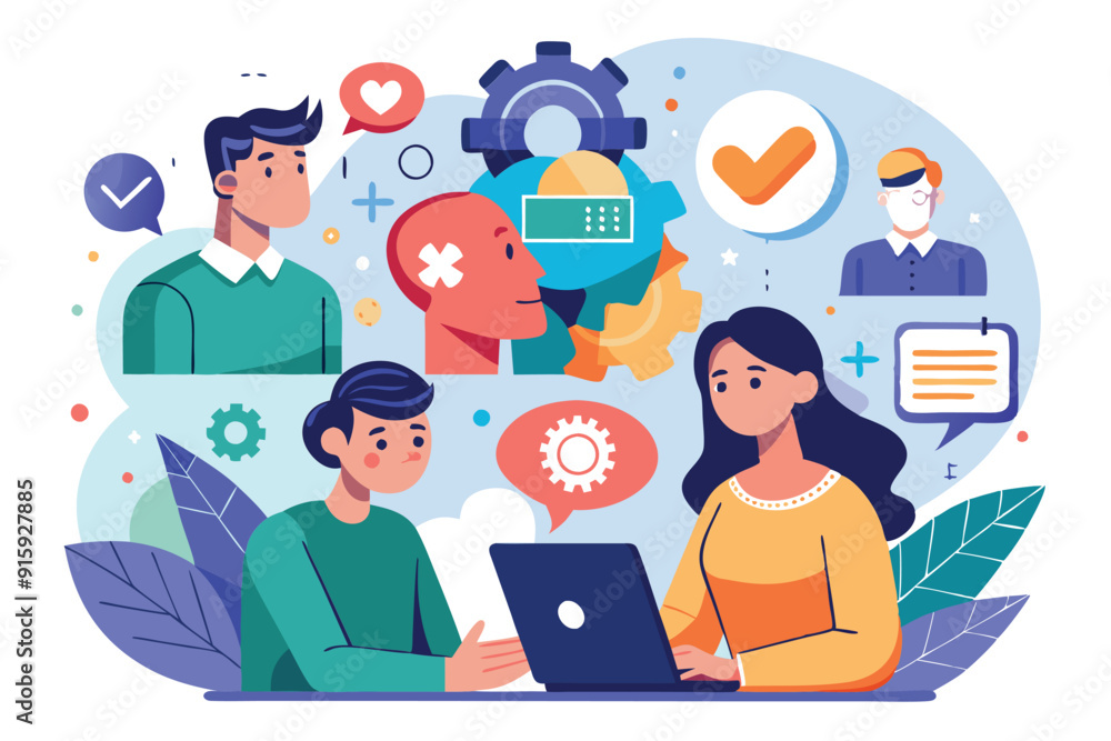 A woman assists a man with mental health resources using a laptop, illustrating the importance of communication and interaction in mental wellness A woman assists a man with mental health resources using a laptop, illustrating the importance of communication and interaction in mental wellness