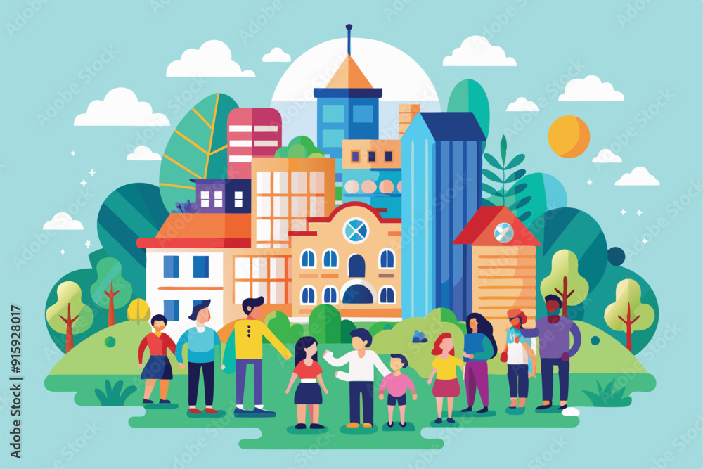 People of various ages gather joyfully in a lively neighborhood filled with colorful buildings and greenery under a sunny sky People of various ages gather joyfully in a lively neighborhood filled with colorful buildings and greenery under a sunny sky
