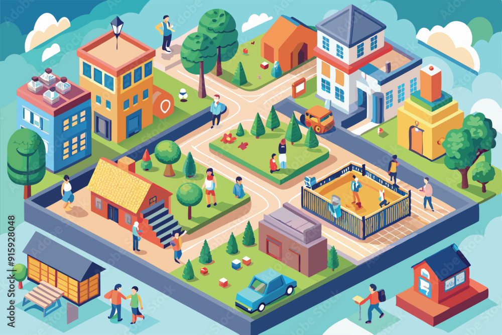 People engage in various activities like walking, playing, and socializing in a lively neighborhood park filled with greenery and colorful buildings People engage in various activities like walking, playing, and socializing in a lively neighborhood park filled with greenery and colorful buildings