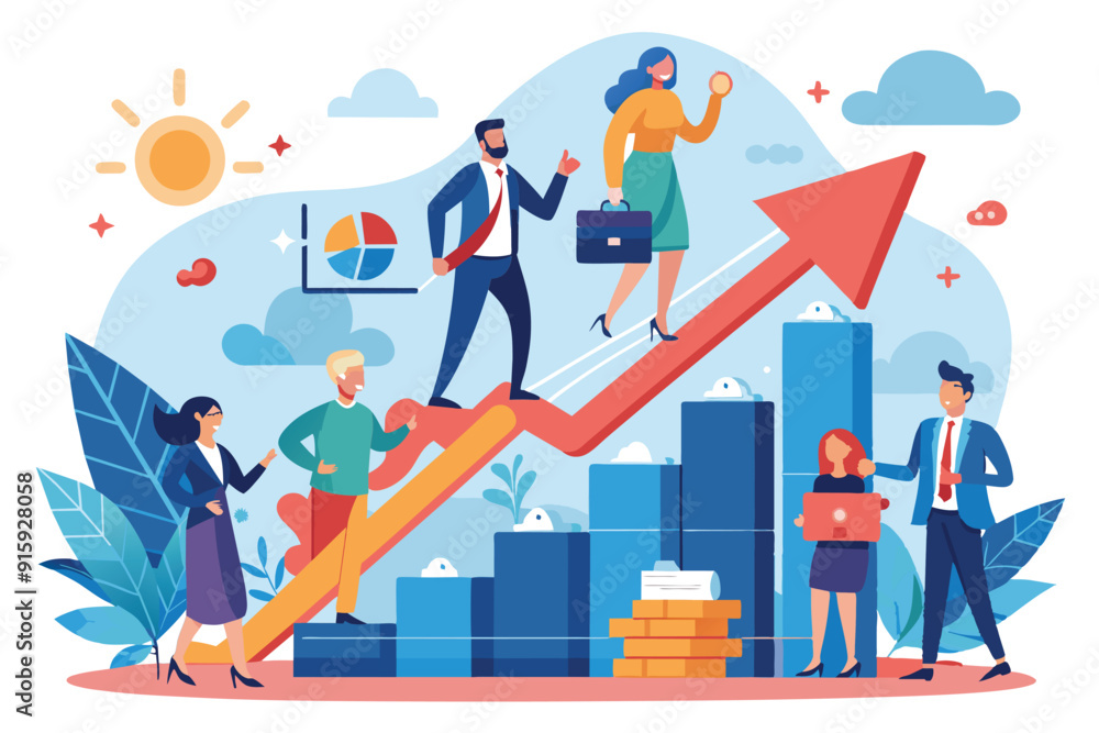 A group of diverse professionals collaborate, representing rising business prospects with a visual graph highlighting growth and success A group of diverse professionals collaborate, representing rising business prospects with a visual graph highlighting growth and success