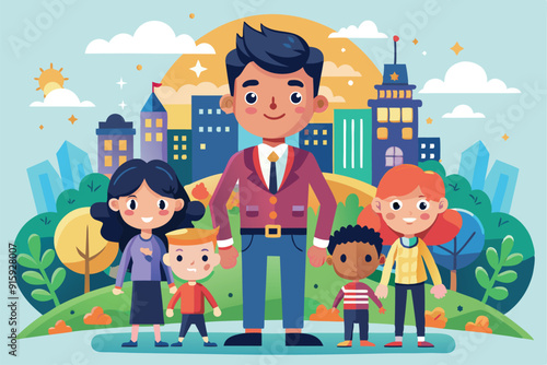 Families gather in a colorful community park, sharing smiles and joy while surrounded by a lively cityscape under a bright sun