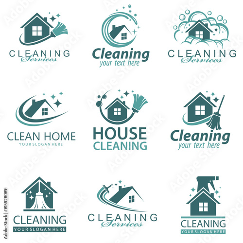 collection of cleaning service design with house and broom isolated on white background