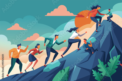 A group of employees engage in a team-building challenge as they climb a mountain during sunset amidst scenic clouds and vibrant colors