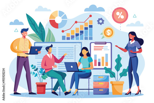 Employees are engaged in collaborative data analysis, discussing trends and insights while utilizing laptops and other office resources