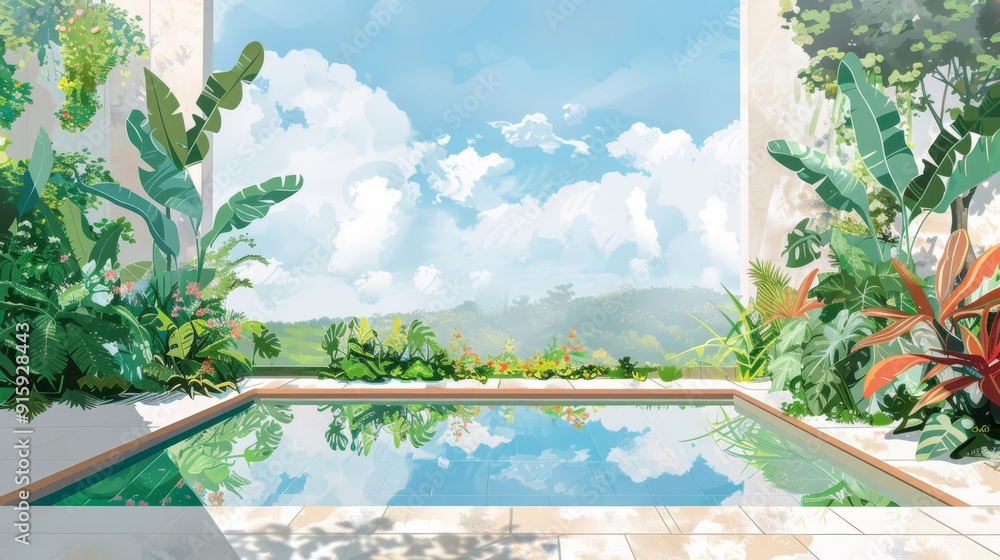 Fototapeta premium Sky garden flat design side view landscape theme water color Splitcomplementary color scheme