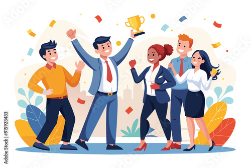 A team joyfully celebrates their successful business achievement, holding a trophy and surrounded by colorful confetti in a lively office setting
